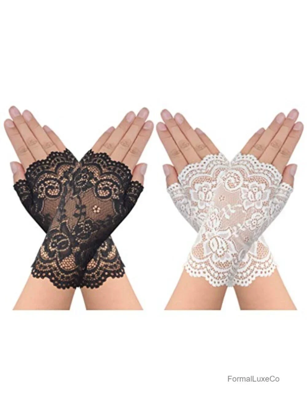 2 Pairs Women's Lace Fingerless Gloves Floral for Wedding Prom Party Accessories